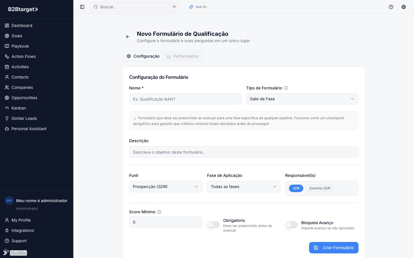 Playbook Form Criar — B2BTarget
